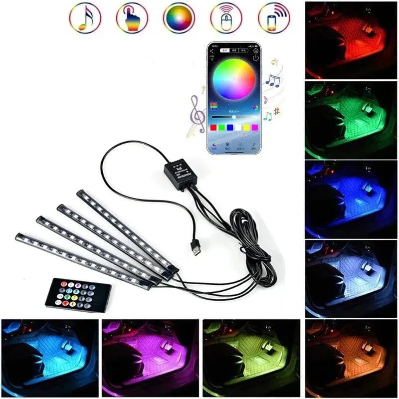12 LED Car Interior Floor Foot Lamp AUTO Decoration Light With USB Multiple Modes Car Styling Atmosphere RGB Neon Lamp Strips BrothersCarCare
