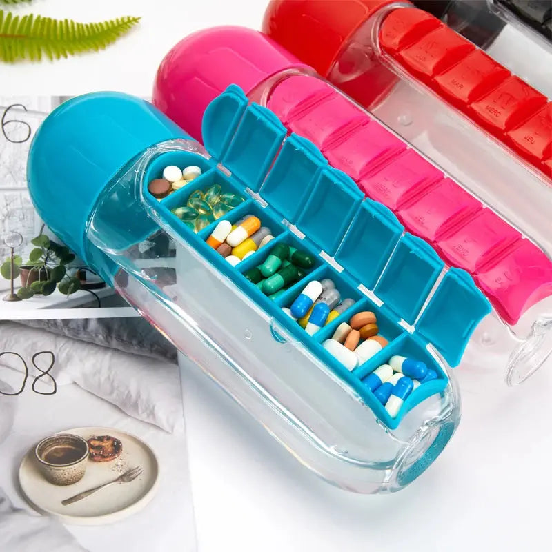 2 in 1 600ml 7 Grids Medicine Box Water Cup Sports Plastic Water Bottle Combine Daily Pill Boxes Organizer Drinking Bottles BrothersCarCare