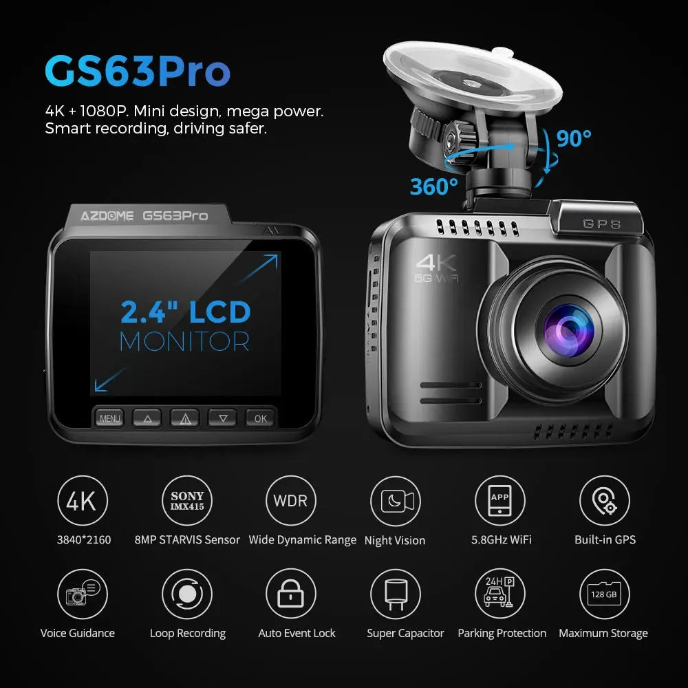 AZDOME GS63Pro 4K UHD Dash Cam 1080P Rear Camera 24H Parking Monitor Built-in GPS 5.8GHz WIFI Voice Guidance Night Vision BrothersCarCare