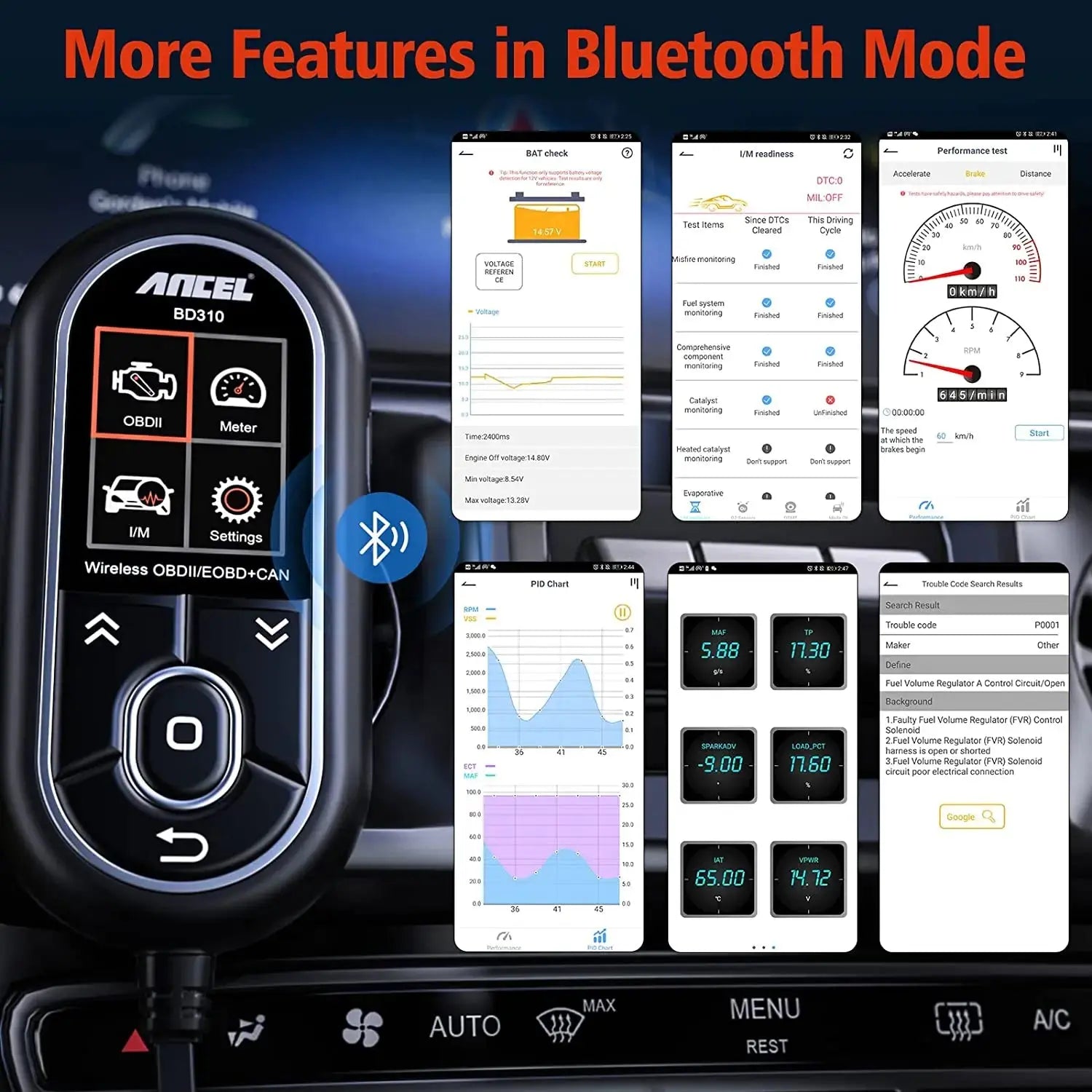 Ancel BD310 OBD2 Automotive Scanner Bluetooth 3 in 1 OBD Gauge Driving On-board Computer Car Diagnostics Tool Code Reader BrothersCarCare